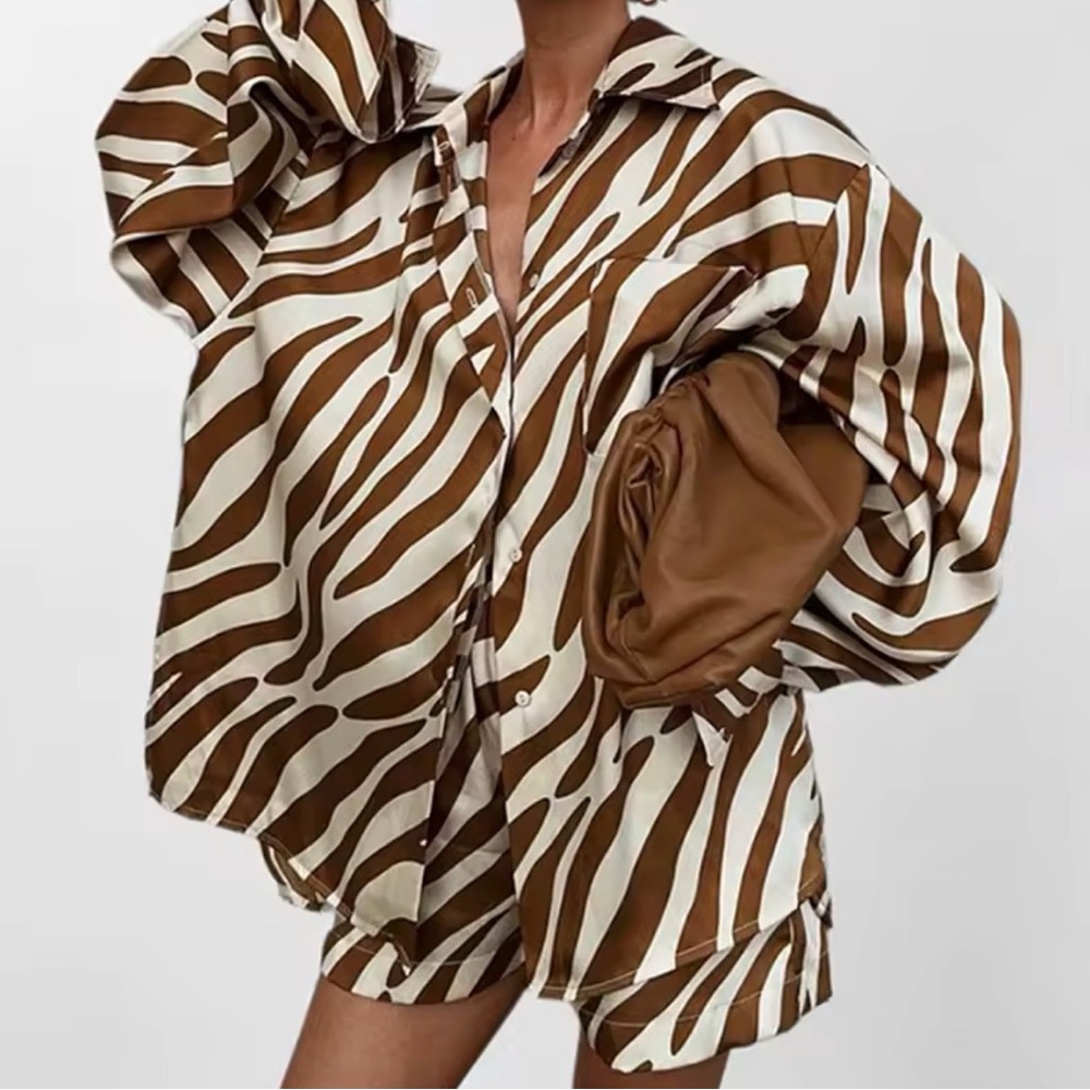 Brown & White Zebra Print Shirt & Shorts .